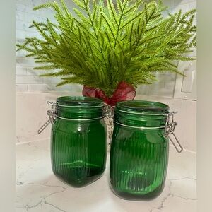 Set of Two Green Glass Storage Jars